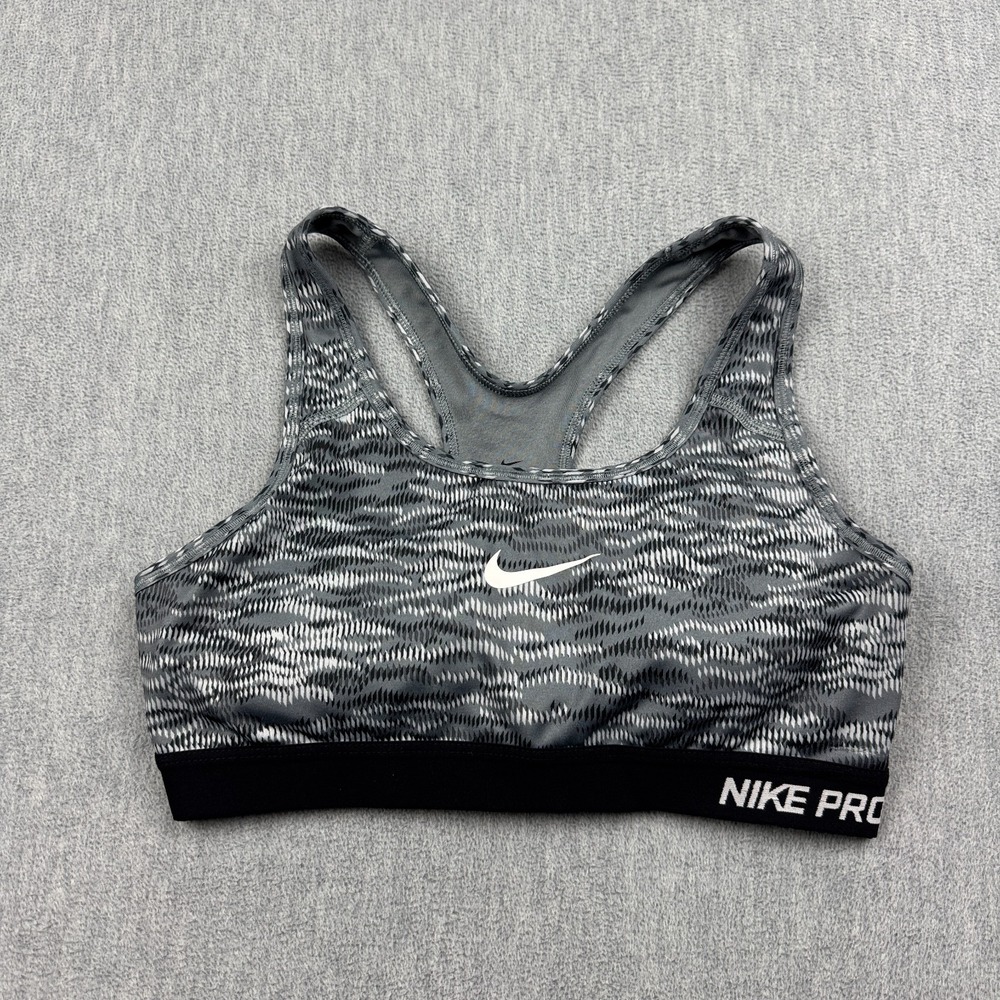 Nike Pro Sports Bra Womens Medium Gray Print Racerback Workout Gym Yoga Training